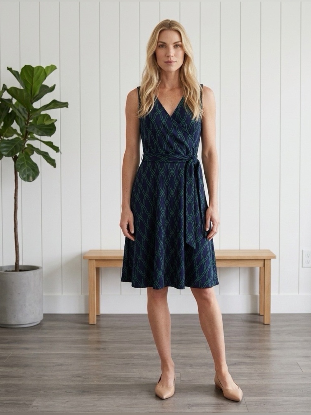 41 Hawthorn Navy & Green Faux Wrap Midi Dress Tie Waist Size Small
